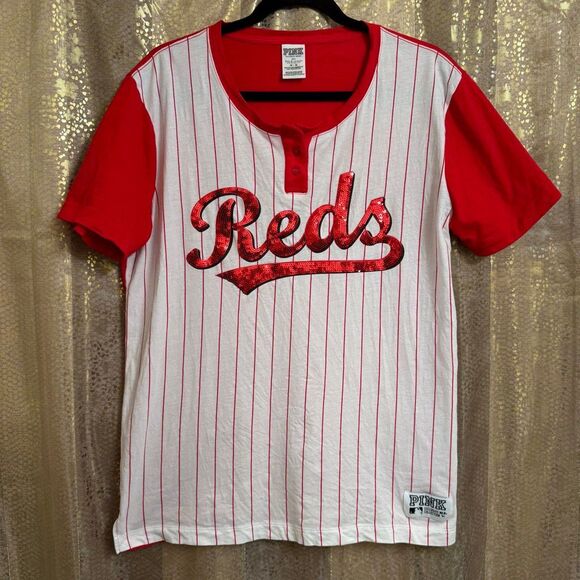 PINK Victorias Secret MLB Cincinnati Reds Sequin Bling Jersey T Shirt Med - Picture 1 of 7